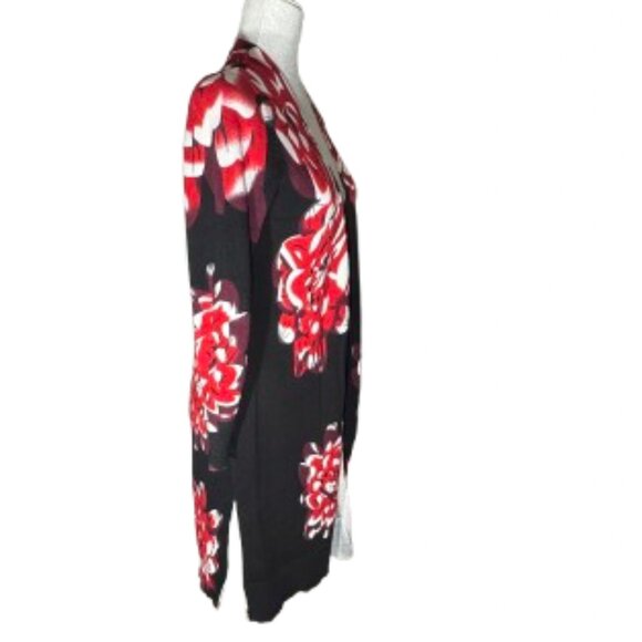 NY Collection Black Red White Long Open Front Drape Cardigan Size Medium - Picture 3 of 7